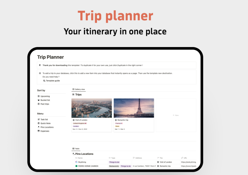 Notion Trip Planner Template