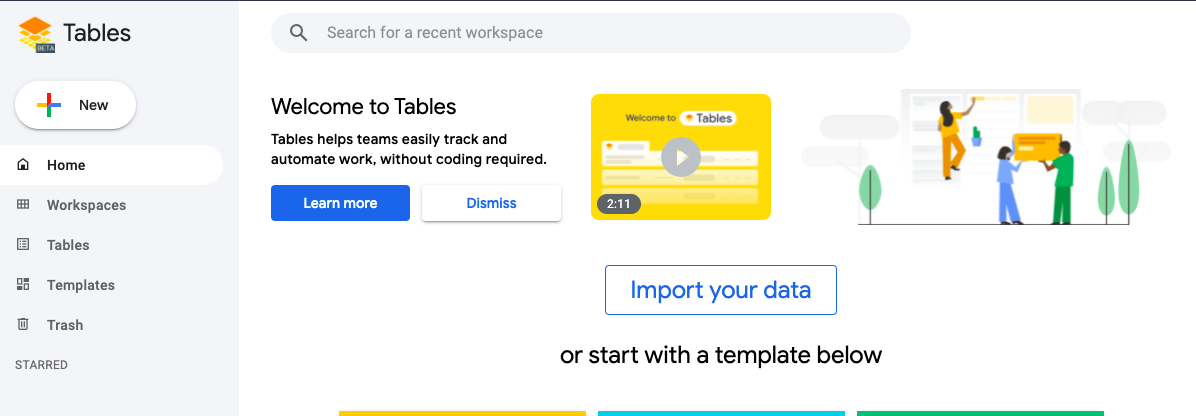 Google Tables homepage
